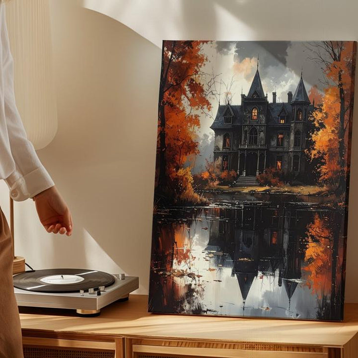 Haunted Mansion Reflection Canvas – Gothic Lake & Autumn Halloween Art - Gifitto