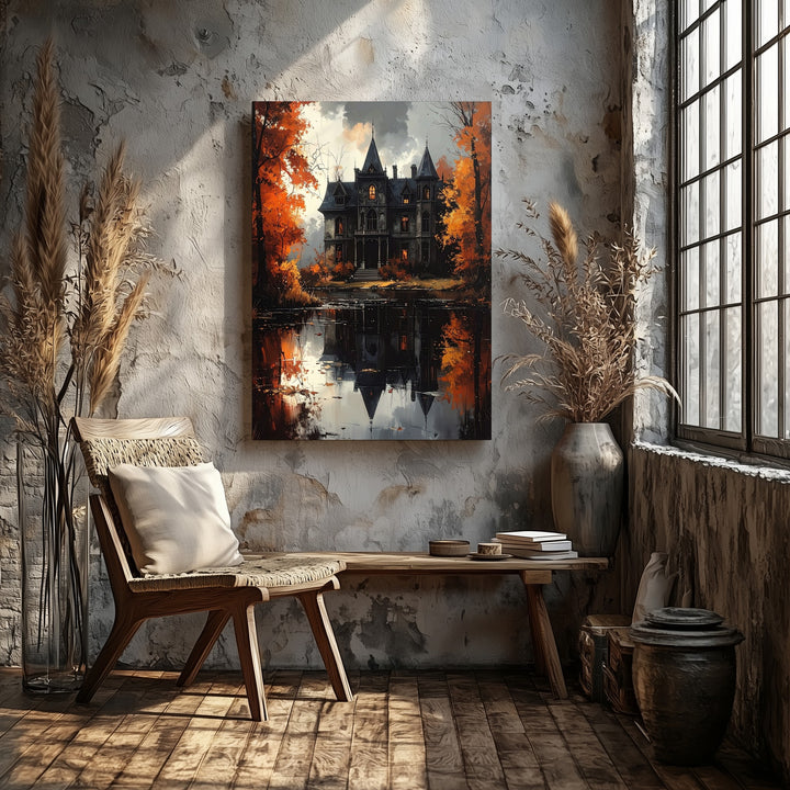 Haunted Mansion Reflection Canvas – Gothic Lake & Autumn Halloween Art - Gifitto