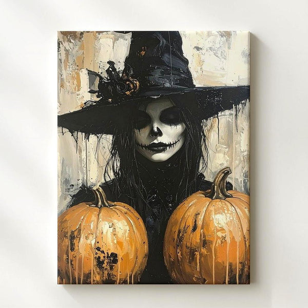 Ghostly Witch Skeleton Canvas – Expressionist Gothic Halloween Portrait - Gifitto