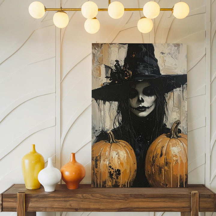 Ghostly Witch Skeleton Canvas – Expressionist Gothic Halloween Portrait - Gifitto