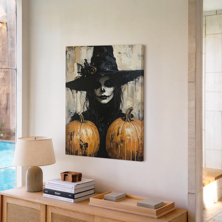 Ghostly Witch Skeleton Canvas – Expressionist Gothic Halloween Portrait - Gifitto
