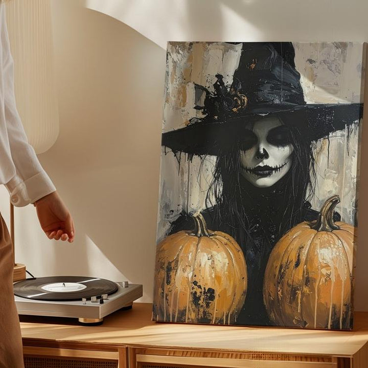 Ghostly Witch Skeleton Canvas – Expressionist Gothic Halloween Portrait - Gifitto