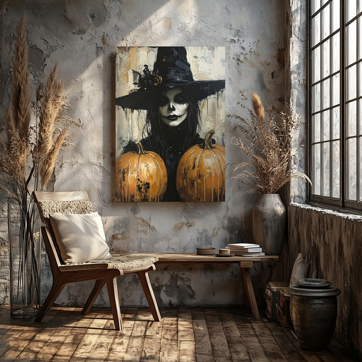 Ghostly Witch Skeleton Canvas – Expressionist Gothic Halloween Portrait - Gifitto