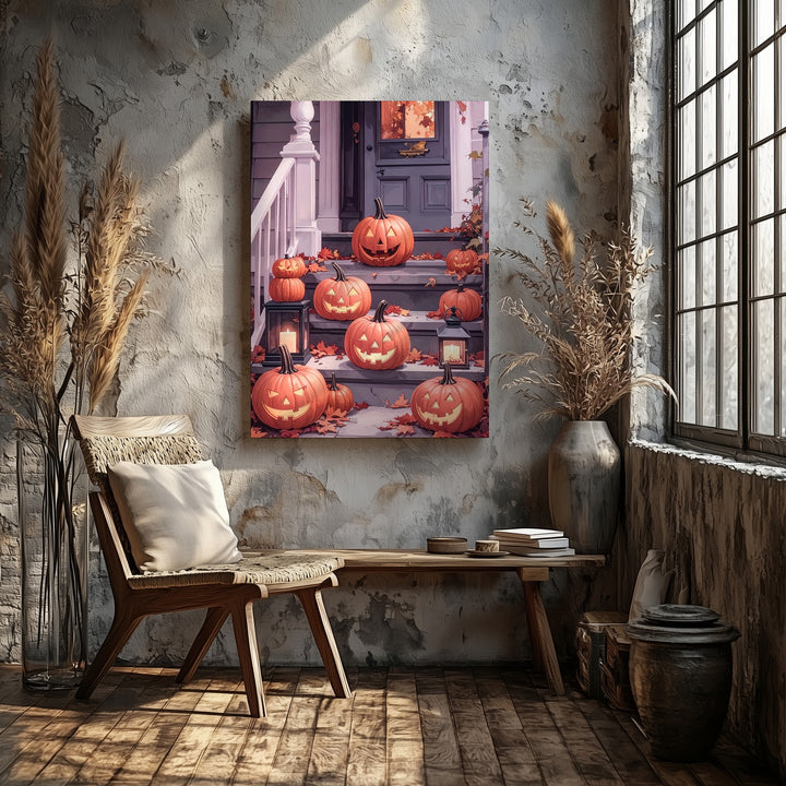 Whimsical Fall Porch Canvas – Jack-o’-Lanterns & Lantern Decor - Gifitto