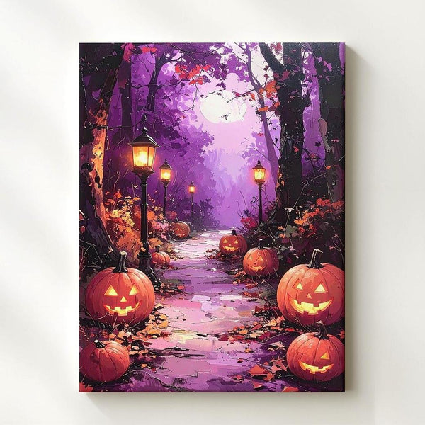 Twilight Forest Trail Canvas – Glowing Pumpkins & Lanterns Art - Gifitto