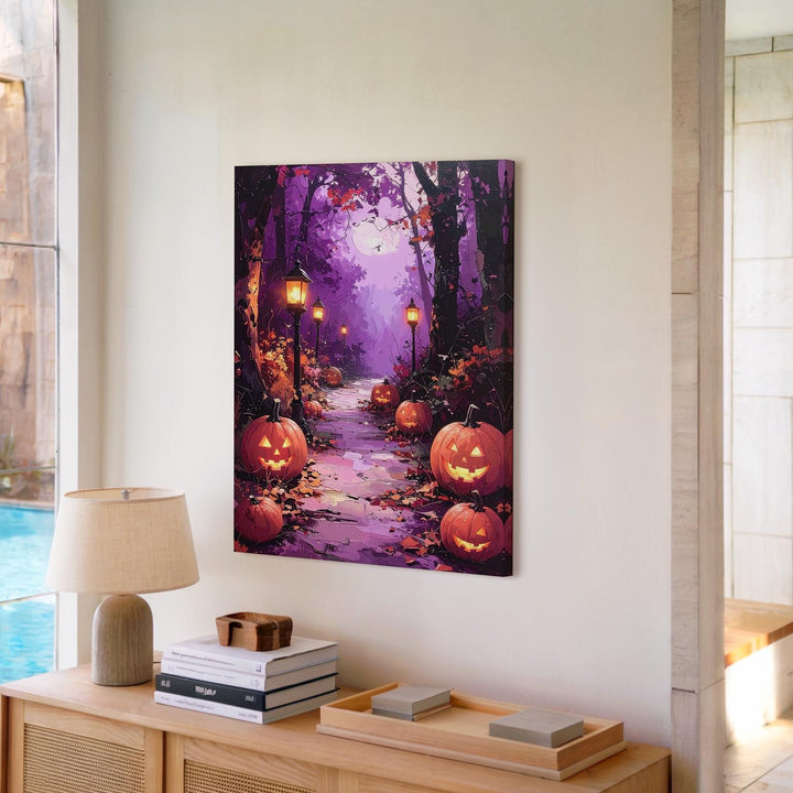 Twilight Forest Trail Canvas – Glowing Pumpkins & Lanterns Art - Gifitto