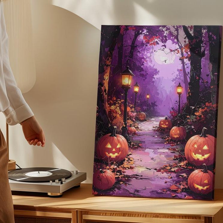 Twilight Forest Trail Canvas – Glowing Pumpkins & Lanterns Art - Gifitto