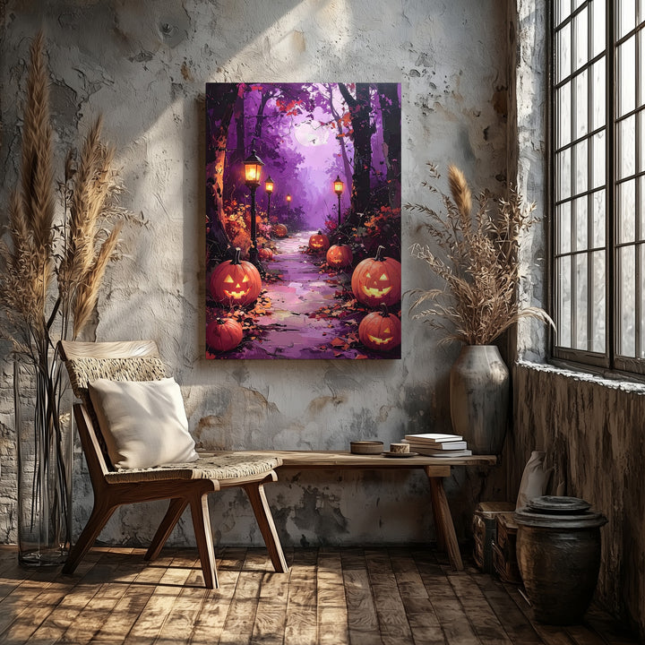 Twilight Forest Trail Canvas – Glowing Pumpkins & Lanterns Art - Gifitto