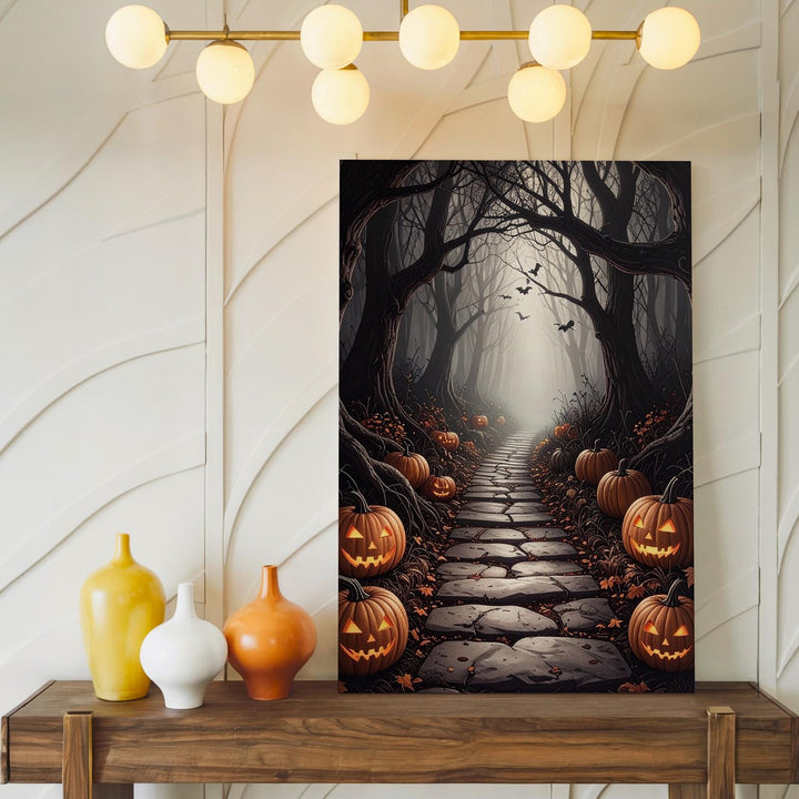 Haunted Forest Corridor Canvas – Glowing Pumpkins & Foggy Halloween Trail - Gifitto