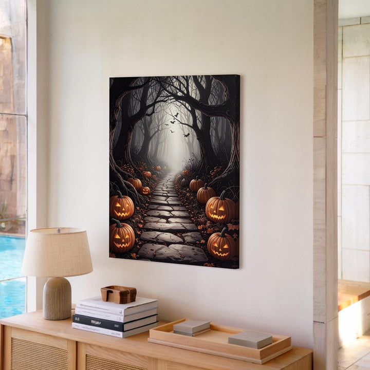Haunted Forest Corridor Canvas – Glowing Pumpkins & Foggy Halloween Trail - Gifitto