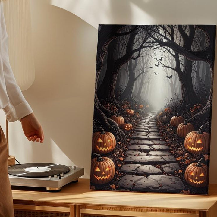 Haunted Forest Corridor Canvas – Glowing Pumpkins & Foggy Halloween Trail - Gifitto