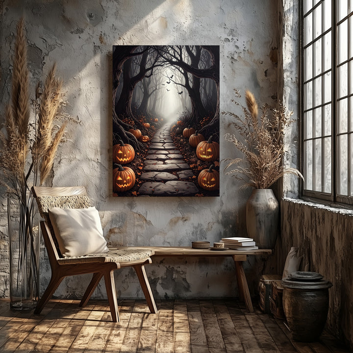 Haunted Forest Corridor Canvas – Glowing Pumpkins & Foggy Halloween Trail - Gifitto