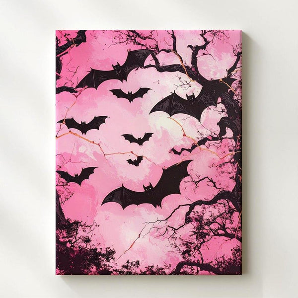 Chaos in Pink Sky Canvas – Black Bats & Twisted Trees Horror Art - Gifitto