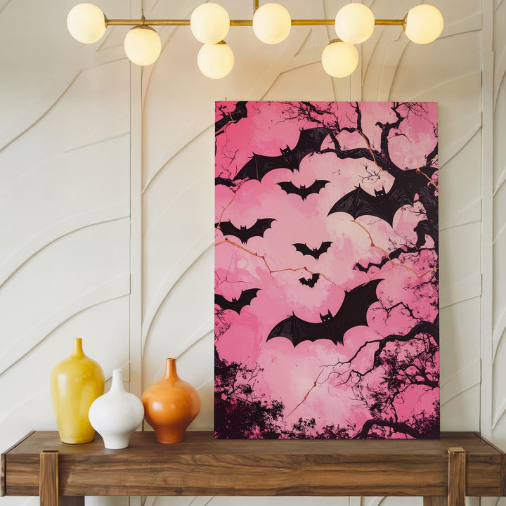 Chaos in Pink Sky Canvas – Black Bats & Twisted Trees Horror Art - Gifitto