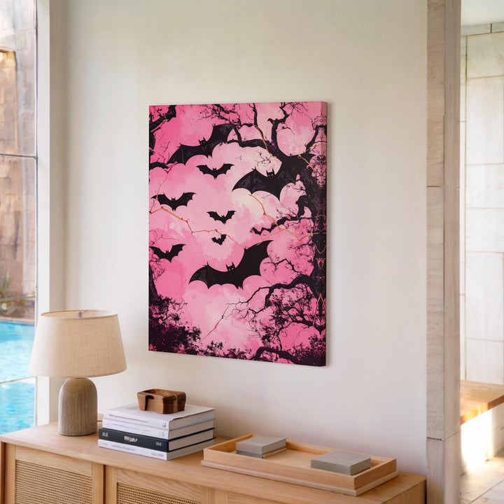 Chaos in Pink Sky Canvas – Black Bats & Twisted Trees Horror Art - Gifitto