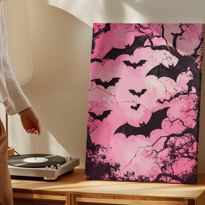 Chaos in Pink Sky Canvas – Black Bats & Twisted Trees Horror Art - Gifitto