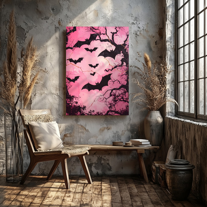 Chaos in Pink Sky Canvas – Black Bats & Twisted Trees Horror Art - Gifitto