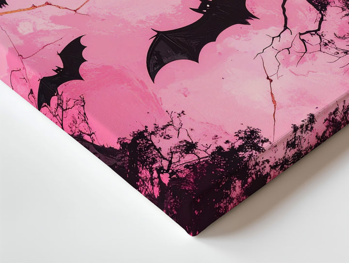Chaos in Pink Sky Canvas – Black Bats & Twisted Trees Horror Art - Gifitto