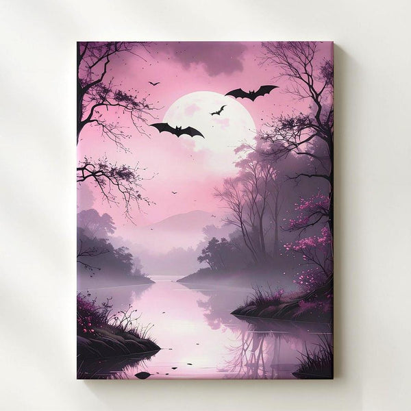 Misty Pink Forest Canvas – Eerie River Path & Silhouetted Bats Art - Gifitto