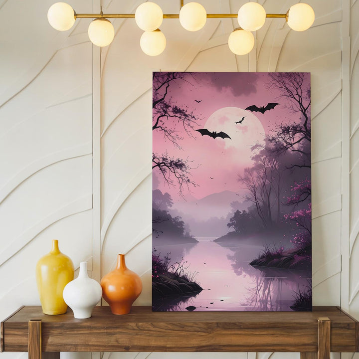Misty Pink Forest Canvas – Eerie River Path & Silhouetted Bats Art - Gifitto