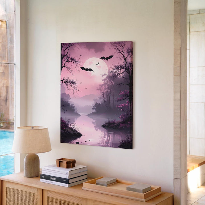Misty Pink Forest Canvas – Eerie River Path & Silhouetted Bats Art - Gifitto