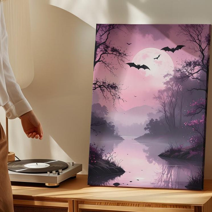 Misty Pink Forest Canvas – Eerie River Path & Silhouetted Bats Art - Gifitto