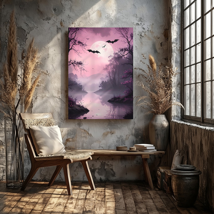 Misty Pink Forest Canvas – Eerie River Path & Silhouetted Bats Art - Gifitto