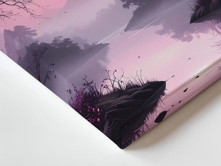 Misty Pink Forest Canvas – Eerie River Path & Silhouetted Bats Art - Gifitto