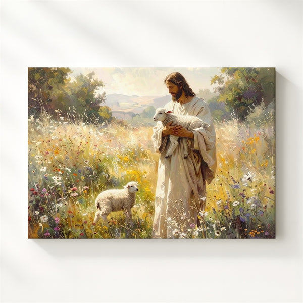 Jesus Holding Lamb Canvas – Gentle Shepherd in Sunlit Field Wall Art - Gifitto