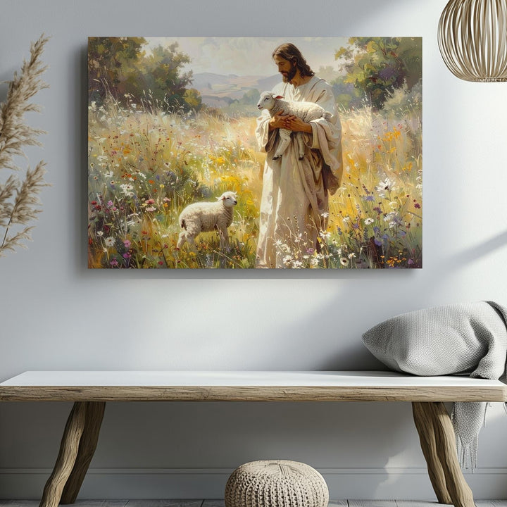 Jesus Holding Lamb Canvas – Gentle Shepherd in Sunlit Field Wall Art - Gifitto