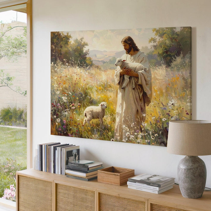 Jesus Holding Lamb Canvas – Gentle Shepherd in Sunlit Field Wall Art - Gifitto