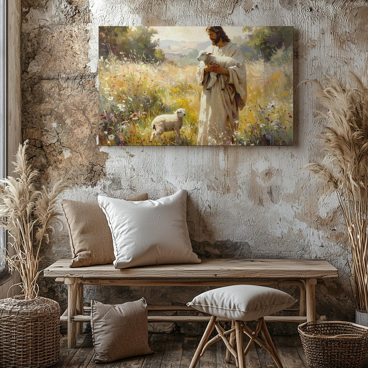 Jesus Holding Lamb Canvas – Gentle Shepherd in Sunlit Field Wall Art - Gifitto