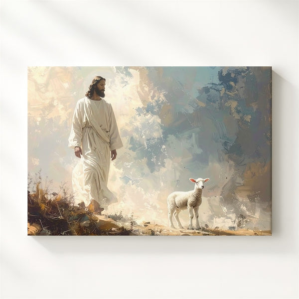 Good Shepherd Mist Canvas – Jesus Walking with Lamb in Ethereal Landscape - Gifitto