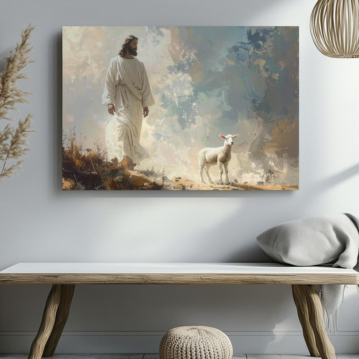 Good Shepherd Mist Canvas – Jesus Walking with Lamb in Ethereal Landscape - Gifitto