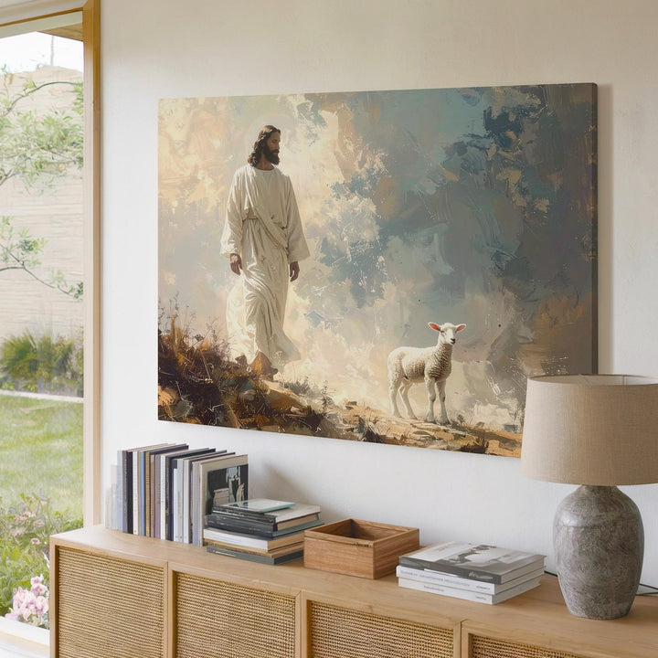Good Shepherd Mist Canvas – Jesus Walking with Lamb in Ethereal Landscape - Gifitto