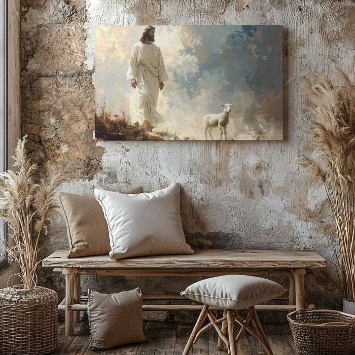 Good Shepherd Mist Canvas – Jesus Walking with Lamb in Ethereal Landscape - Gifitto