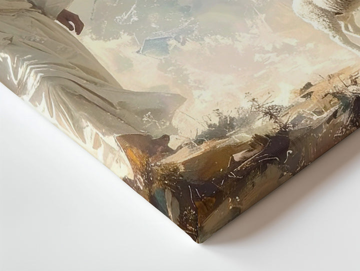 Good Shepherd Mist Canvas – Jesus Walking with Lamb in Ethereal Landscape - Gifitto