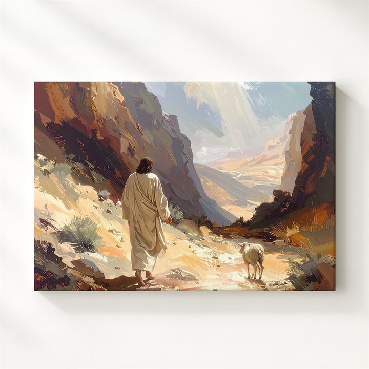 Guiding Light Canvas – Jesus Walking with Lamb in Deserted Canyon - Gifitto
