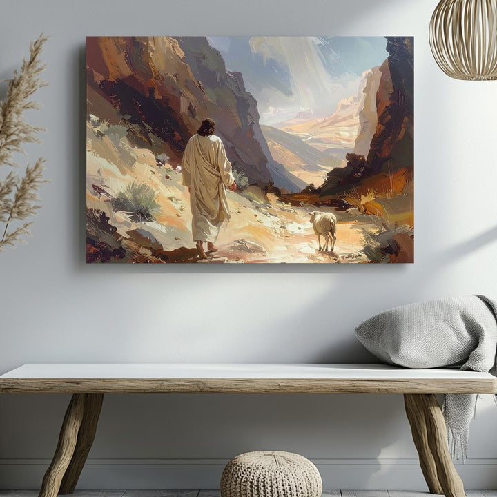 Guiding Light Canvas – Jesus Walking with Lamb in Deserted Canyon - Gifitto