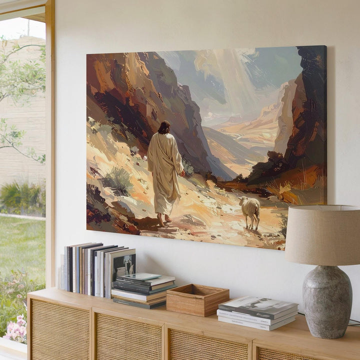 Guiding Light Canvas – Jesus Walking with Lamb in Deserted Canyon - Gifitto