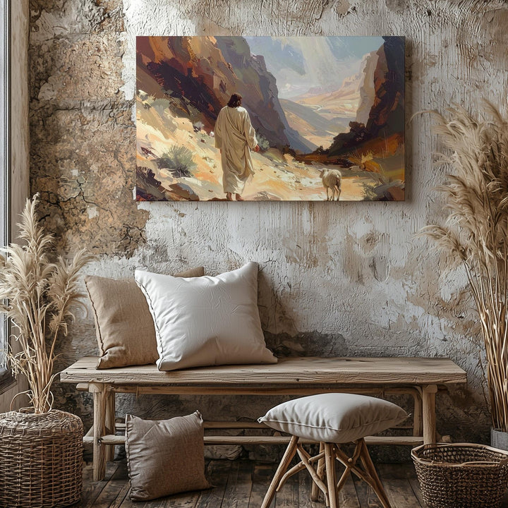 Guiding Light Canvas – Jesus Walking with Lamb in Deserted Canyon - Gifitto