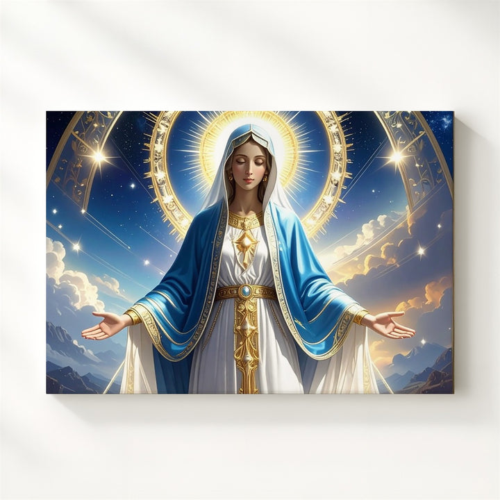 Heavenly Virgin Mary Canvas – Golden Halo & Starry Night Sacred Art - Gifitto