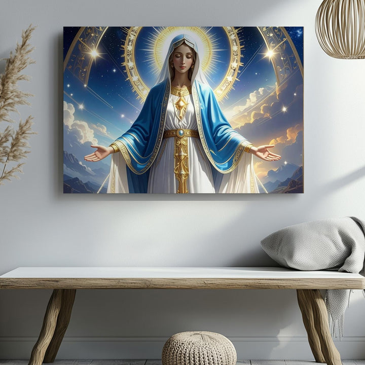 Heavenly Virgin Mary Canvas – Golden Halo & Starry Night Sacred Art - Gifitto