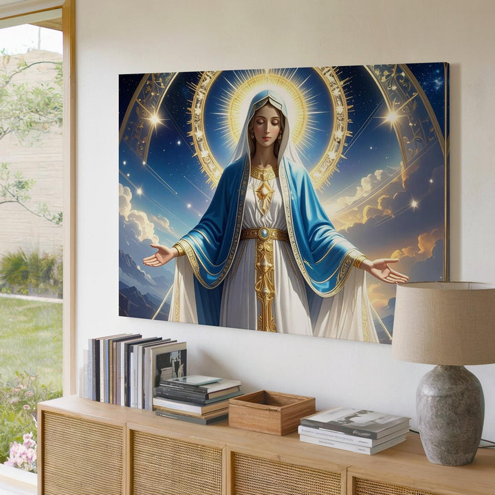 Heavenly Virgin Mary Canvas – Golden Halo & Starry Night Sacred Art - Gifitto
