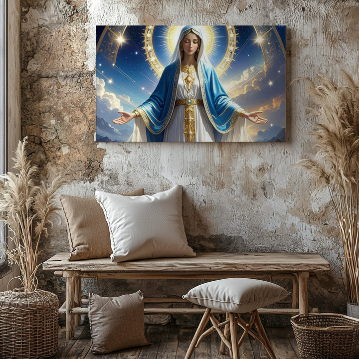 Heavenly Virgin Mary Canvas – Golden Halo & Starry Night Sacred Art - Gifitto