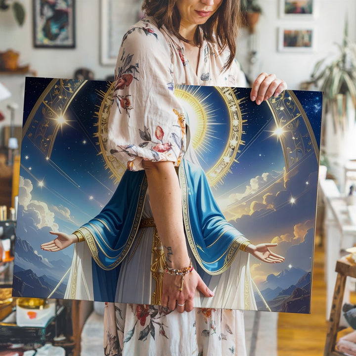 Heavenly Virgin Mary Canvas – Golden Halo & Starry Night Sacred Art - Gifitto