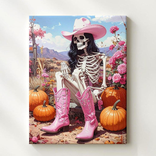 Cowgirl Skeleton in Pink Canvas – Western Halloween Art with Pumpkins & Florals - Gifitto