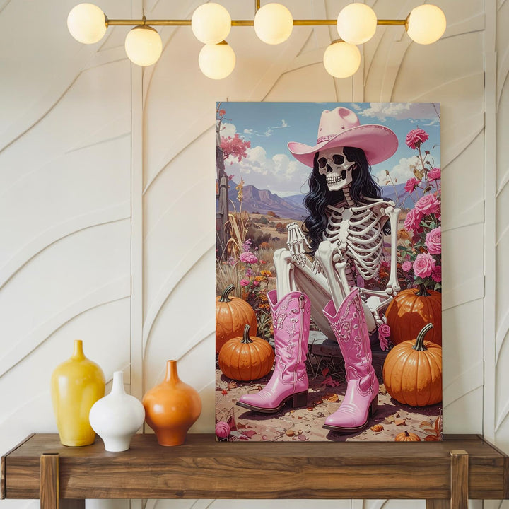 Cowgirl Skeleton in Pink Canvas – Western Halloween Art with Pumpkins & Florals - Gifitto