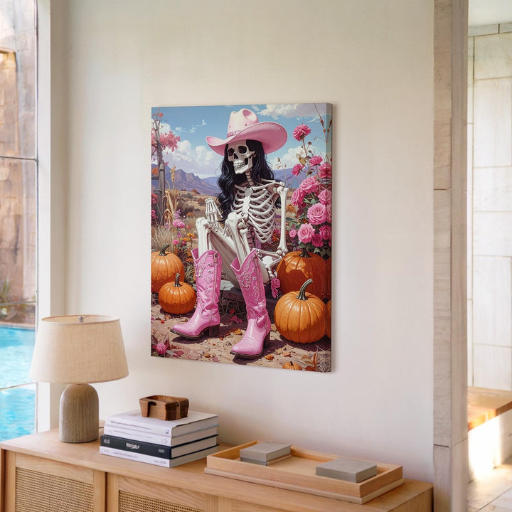 Cowgirl Skeleton in Pink Canvas – Western Halloween Art with Pumpkins & Florals - Gifitto