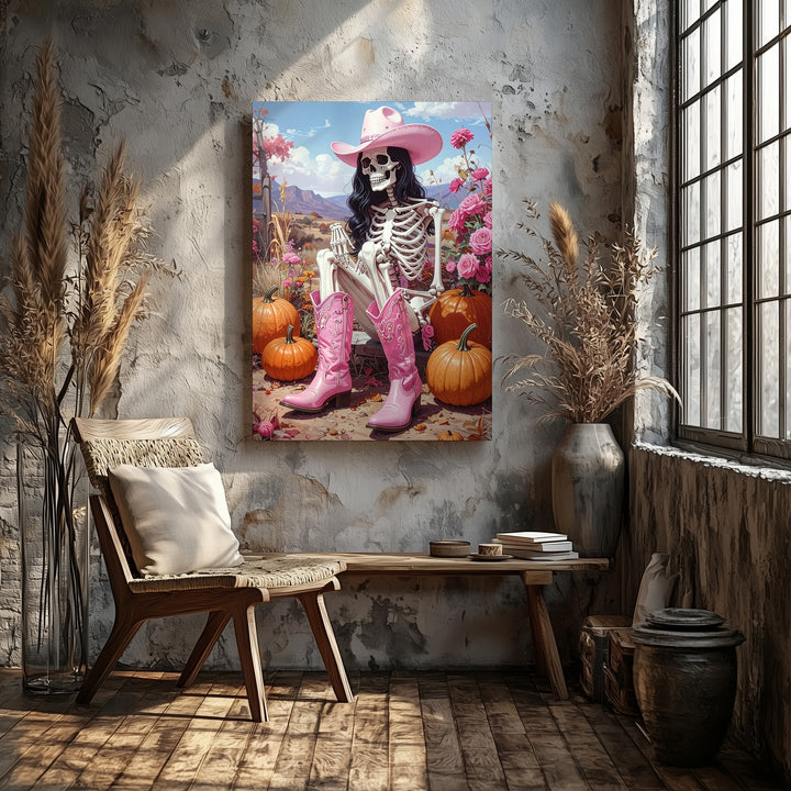 Cowgirl Skeleton in Pink Canvas – Western Halloween Art with Pumpkins & Florals - Gifitto